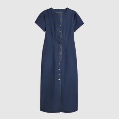Blue Denim Button Cap Sleeve Midi Dress