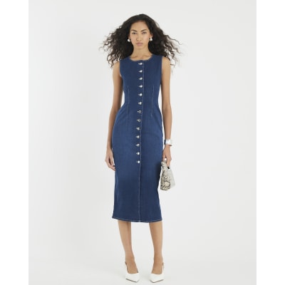 Blue Denim Button Front Midi Dress