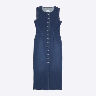 Blue Denim Button Front Midi Dress