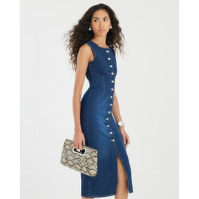 Blue Denim Button Front Midi Dress
