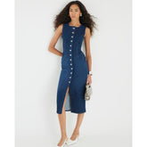 Blue Denim Button Front Midi Dress
