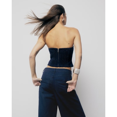 Blue Denim Diamante Embellished Bandeau Top