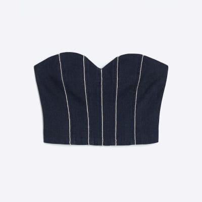 Blue Denim Diamante Embellished Bandeau Top