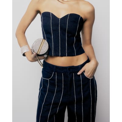 Blue Denim Diamante Embellished Bandeau Top