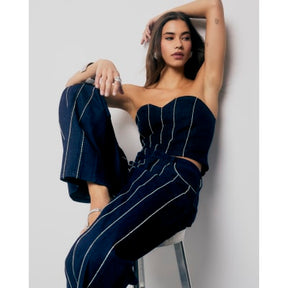 Blue Denim Diamante Embellished Bandeau Top