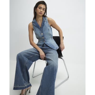 Blue Denim Elasticated Sleeveless Waistcoat