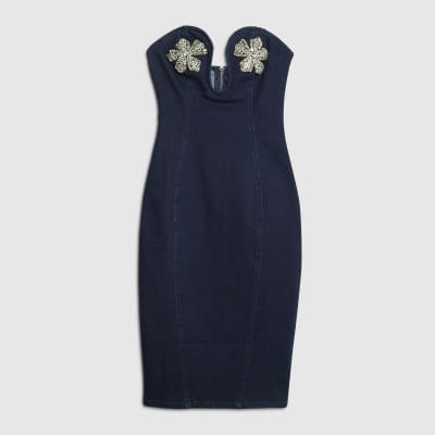 Blue Denim Embellished Bodycon Midi Dress