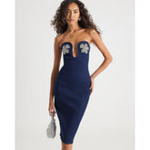 Blue Denim Embellished Bodycon Midi Dress