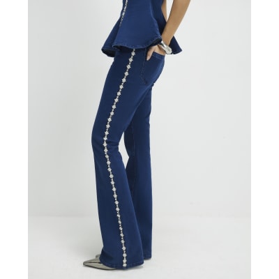 Blue Denim Embellished Bootcut Jeans