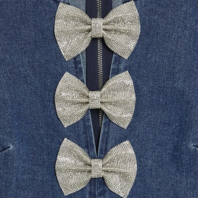 Blue Denim Embellished Bow Mini Dress