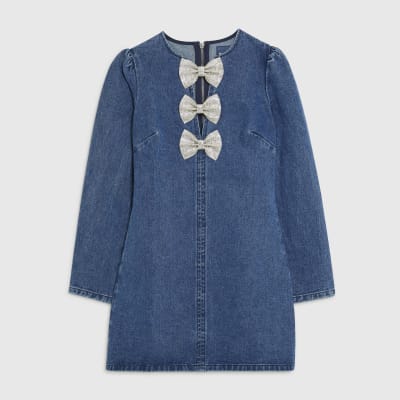 Blue Denim Embellished Bow Mini Dress