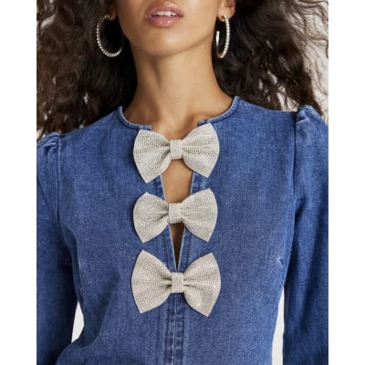 Blue Denim Embellished Bow Mini Dress