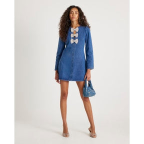 Blue Denim Embellished Bow Mini Dress