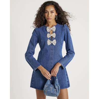 Blue Denim Embellished Bow Mini Dress