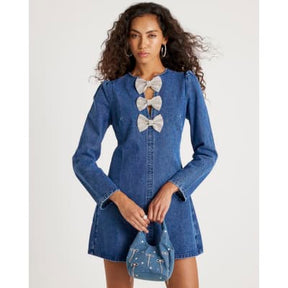 Blue Denim Embellished Bow Mini Dress