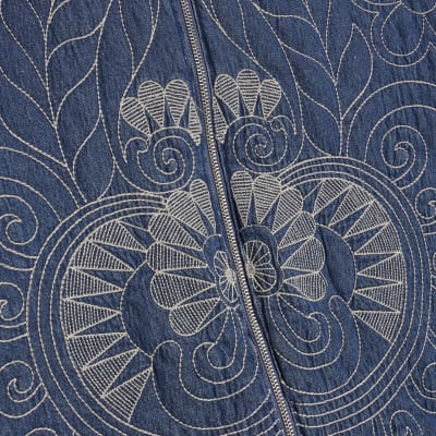 Blue Denim Embroidered Quilted Bomber Jacket