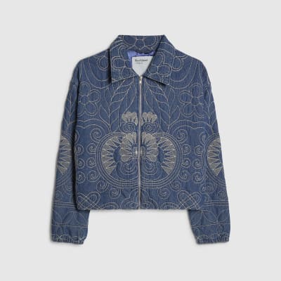 Blue Denim Embroidered Quilted Bomber Jacket