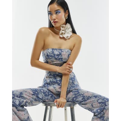 Blue Denim Floral Bandeau Top