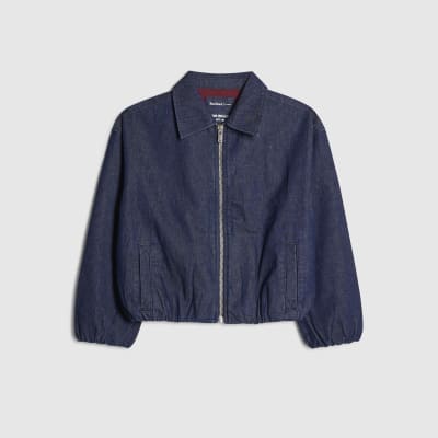 Blue Denim Gathered Hem Bomber Jacket
