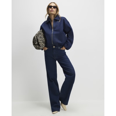 Blue Denim Gathered Hem Bomber Jacket