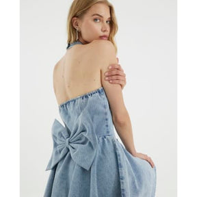 Blue Denim Halter Neck Bow Mini Dress