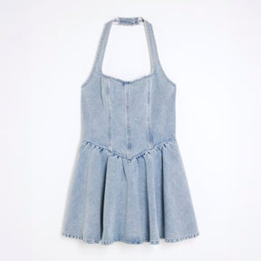 Blue Denim Halter Neck Bow Mini Dress