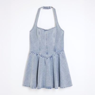 Blue Denim Halter Neck Bow Mini Dress
