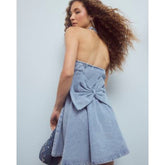 Blue Denim Halter Neck Bow Mini Dress