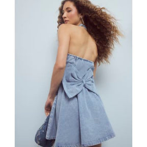 Blue Denim Halter Neck Bow Mini Dress