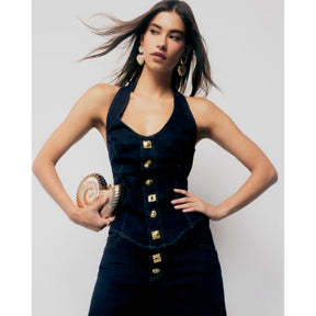 Blue Denim Halter Neck Button Top