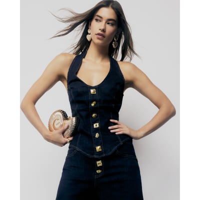 Blue Denim Halter Neck Button Top