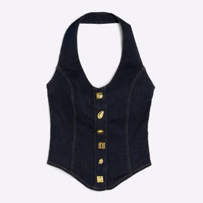 Blue Denim Halter Neck Button Top