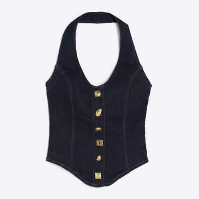 Blue Denim Halter Neck Button Top