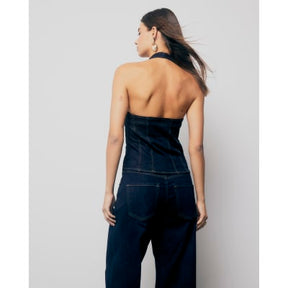 Blue Denim Halter Neck Button Top