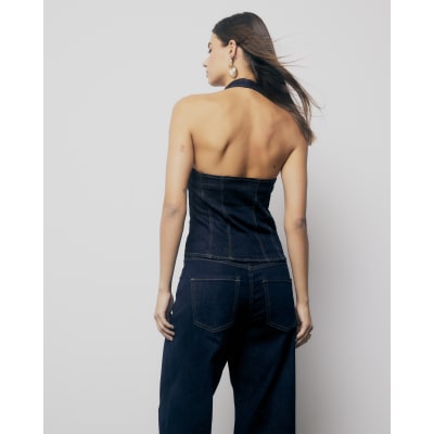 Blue Denim Halter Neck Button Top
