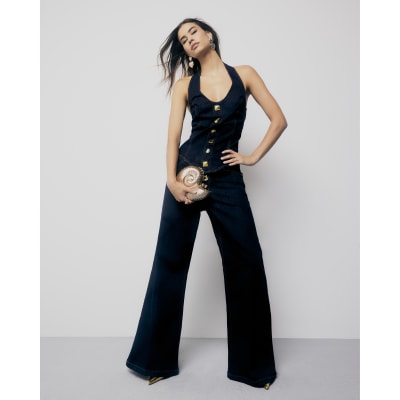 Blue Denim Halter Neck Button Top