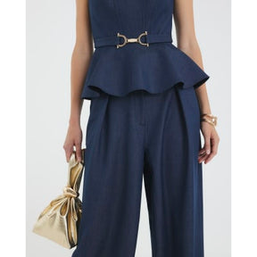 Blue Denim High Waisted Wide Leg Trousers
