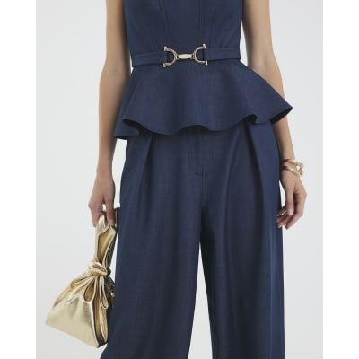 Blue Denim High Waisted Wide Leg Trousers