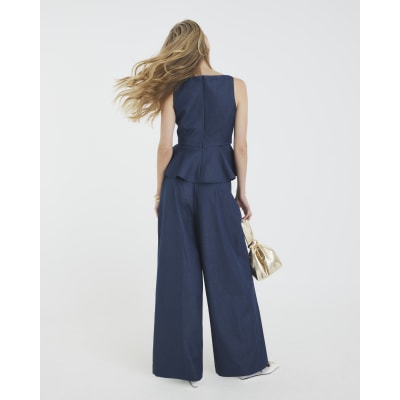 Blue Denim High Waisted Wide Leg Trousers