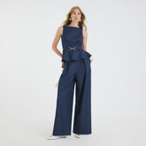 Blue Denim High Waisted Wide Leg Trousers