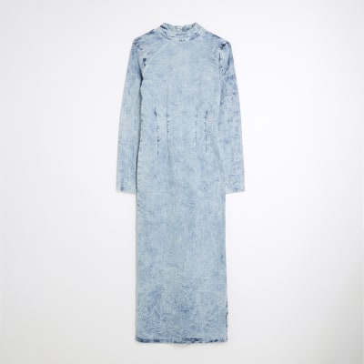 Blue Denim Long Sleeve Acid Wash Midi Dress