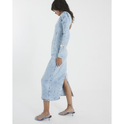 Blue Denim Long Sleeve Acid Wash Midi Dress