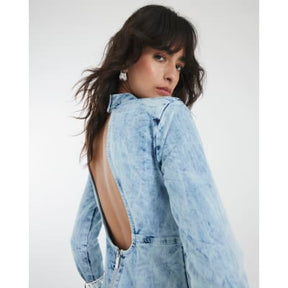 Blue Denim Long Sleeve Acid Wash Midi Dress