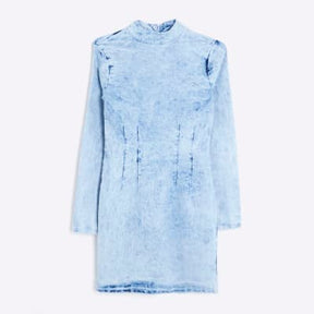 Blue Denim Long Sleeve Acid Wash Mini Dress