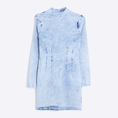 Blue Denim Long Sleeve Acid Wash Mini Dress