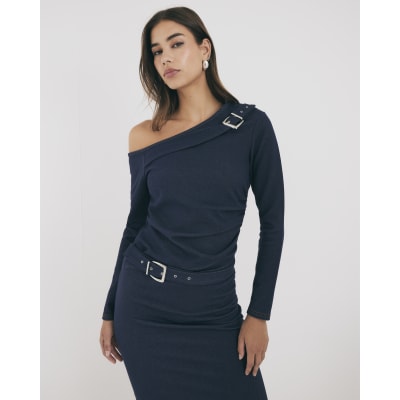 Blue Denim Long Sleeve Asymmetric Belted Top