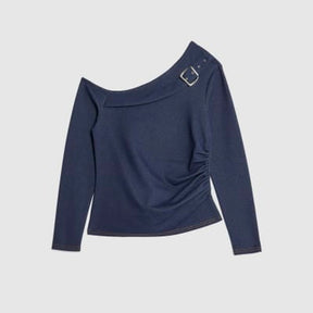 Blue Denim Long Sleeve Asymmetric Belted Top