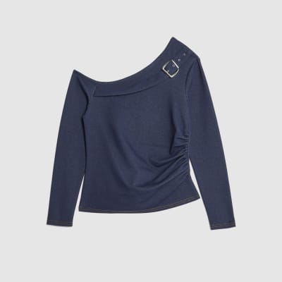 Blue Denim Long Sleeve Asymmetric Belted Top