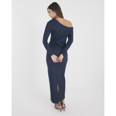 Blue Denim Long Sleeve Asymmetric Belted Top