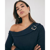 Blue Denim Long Sleeve Asymmetric Belted Top